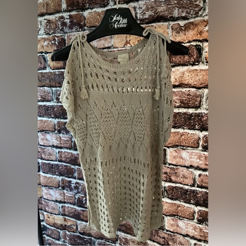 Chico's Beige Open Knit Sleeveless Sweater Cold Shoulder Ties Tassels Sz 1 Small